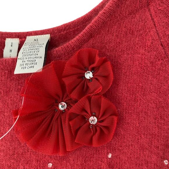 Twiggy Angora Crop Salmon Pink Tulle Flower Rhinestone Sweater XL - Picture 2 of 6